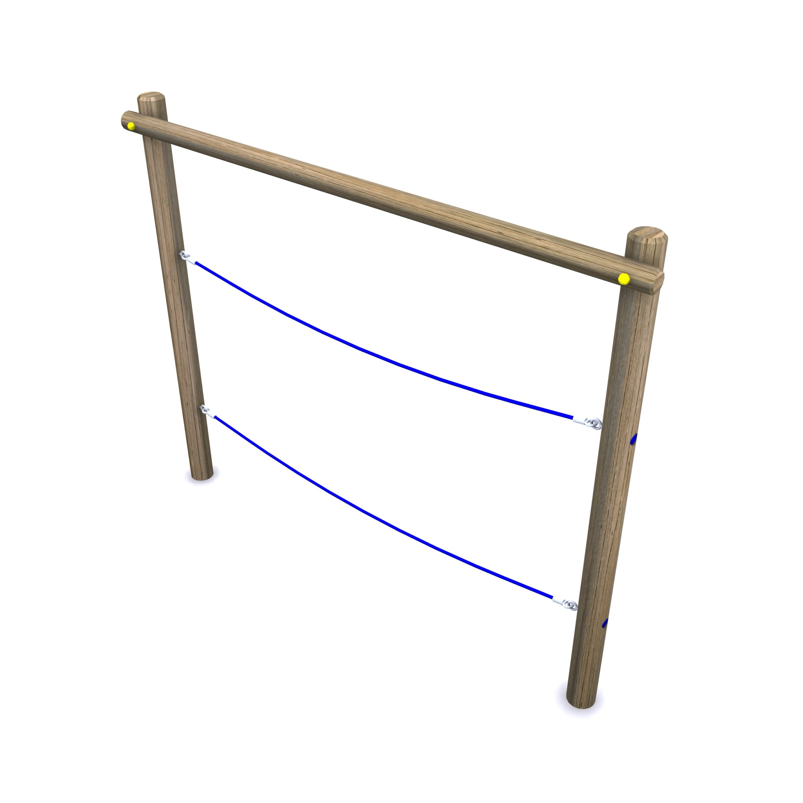Wooden frame with two horizontal blue ropes suspended between three upright wooden posts, photographed on a white background.