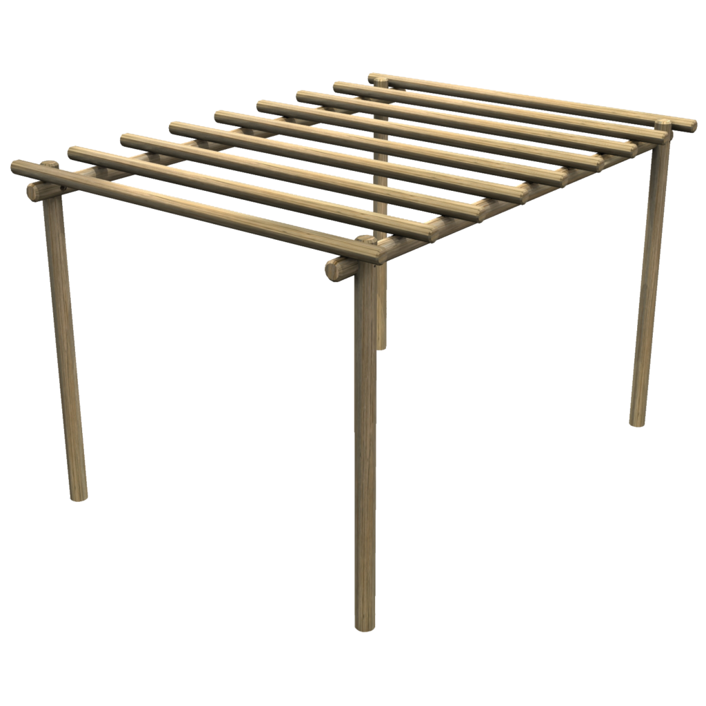 A simple wooden pergola with four vertical posts and several horizontal beams on top, designed for outdoor use.