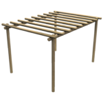 A simple wooden pergola with four vertical posts and several horizontal beams on top, designed for outdoor use.