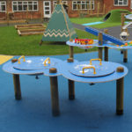 Blue butterfly-shaped play tables with yellow handles are set on a blue playground surface, with other play equipment and grass in the background.