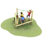 Four children are climbing and playing on a wooden playground structure with green ropes, set on a patch of grass.