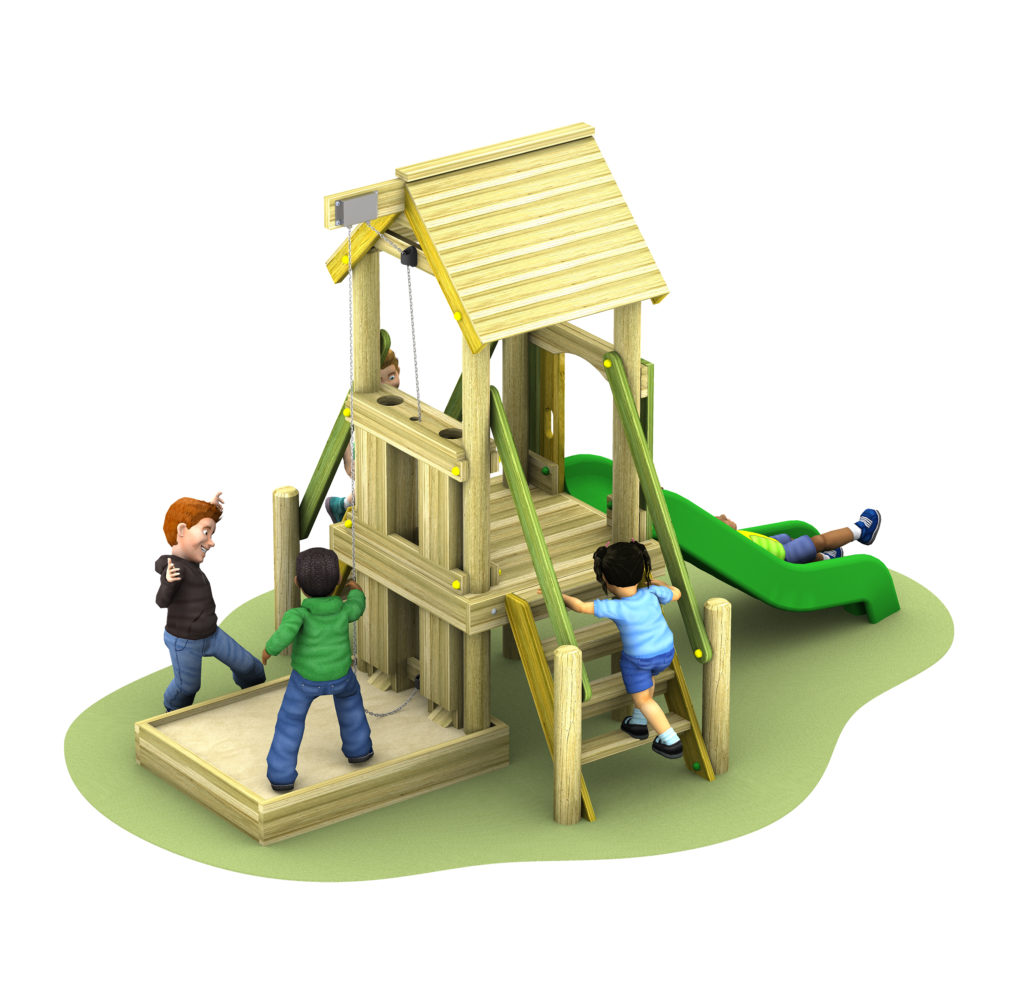 Four children play on a wooden playground structure with a slide, climbing wall, and sandpit, isolated on a white background.