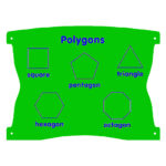 Green sign labelled Polygons displaying outlines and names of a square, pentagon, triangle, hexagon, and octagon.