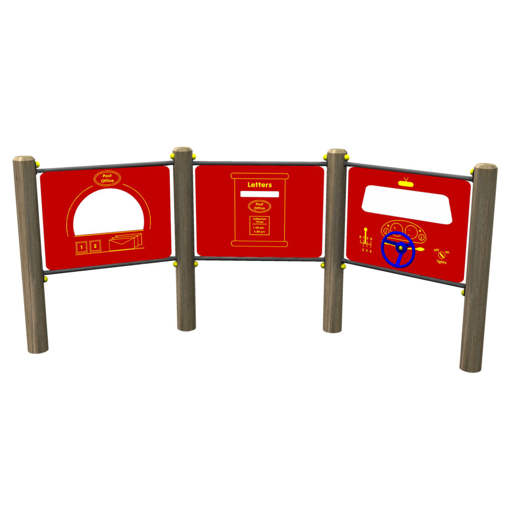 Three red playground activity panels with yellow graphics and text, including a mirror, alphabet chart, and steering wheel, mounted between vertical wooden posts.