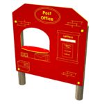 Red and yellow play structure designed as a post office with a window, letterbox, and collection times displayed; mounted on wooden posts.