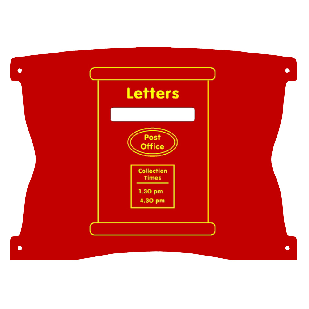 Red postbox sign with Letters slot, Post Office label, and collection times listed as 1.30 pm and 4.30 pm in yellow text.
