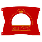 Red panel with Post Office label, a large cut-out circle, and yellow illustrations of stamps and envelopes, featuring numbers 1 and 2. Four mounting holes, one at each corner.