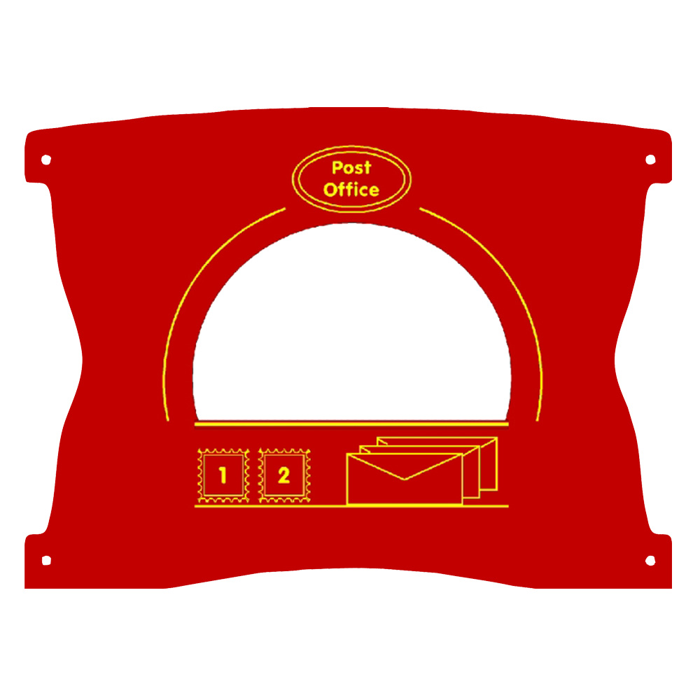 Red panel with Post Office label, a large cut-out circle, and yellow illustrations of stamps and envelopes, featuring numbers 1 and 2. Four mounting holes, one at each corner.