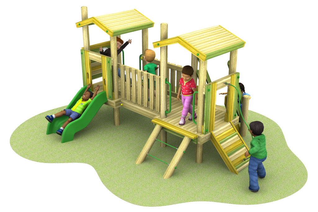 Children playing on a Young Explorer - Raleigh 600mm wooden playset with slides, ladders, and platforms on a grassy area.
