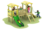 Four children play on the Young Explorer - Raleigh 900mm wooden playground structure, enjoying slides, ladders, and climbing ropes on a patch of grass.