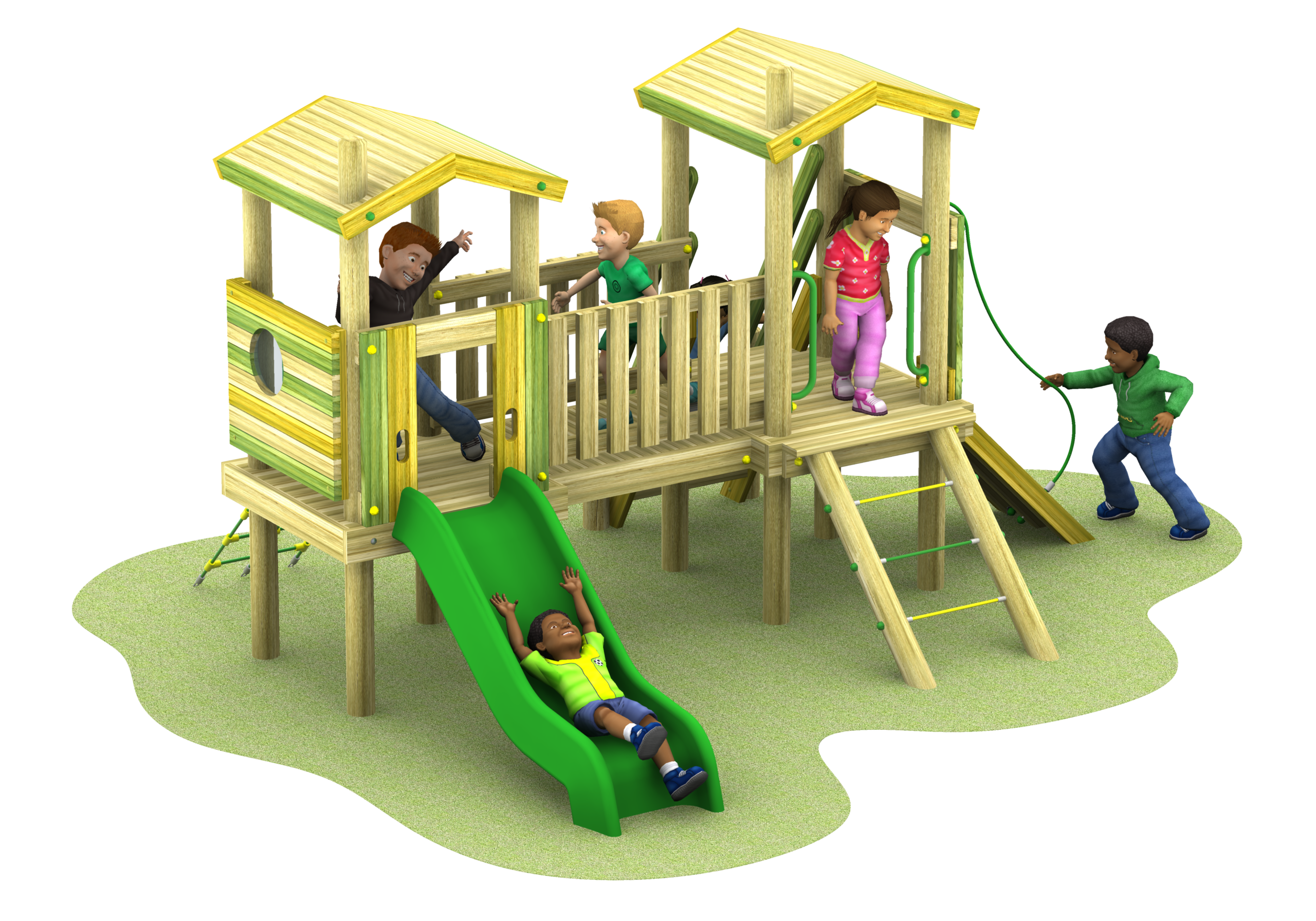 Four children play on the Young Explorer - Raleigh 900mm wooden playground structure, enjoying slides, ladders, and climbing ropes on a patch of grass.