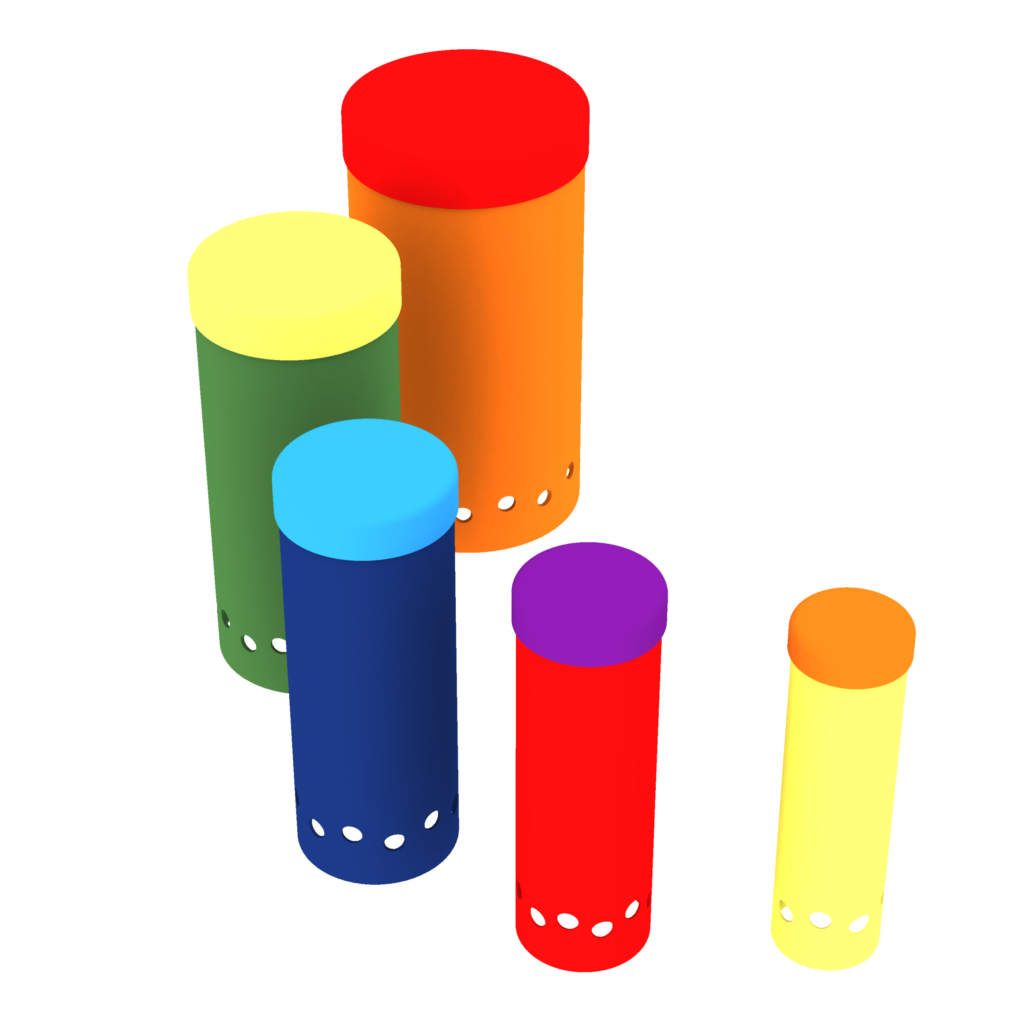 Five colourful cylindrical objects of varying heights and colours, each with small circular holes near their bases, arranged in a loose cluster on a white background.