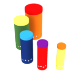 Five colourful cylindrical objects of varying heights and colours, each with small circular holes near their bases, arranged in a loose cluster on a white background.