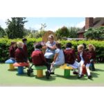 A teacher reads a book to a group of young children seated on colourful, mushroom-shaped stools outside on a sunny day.