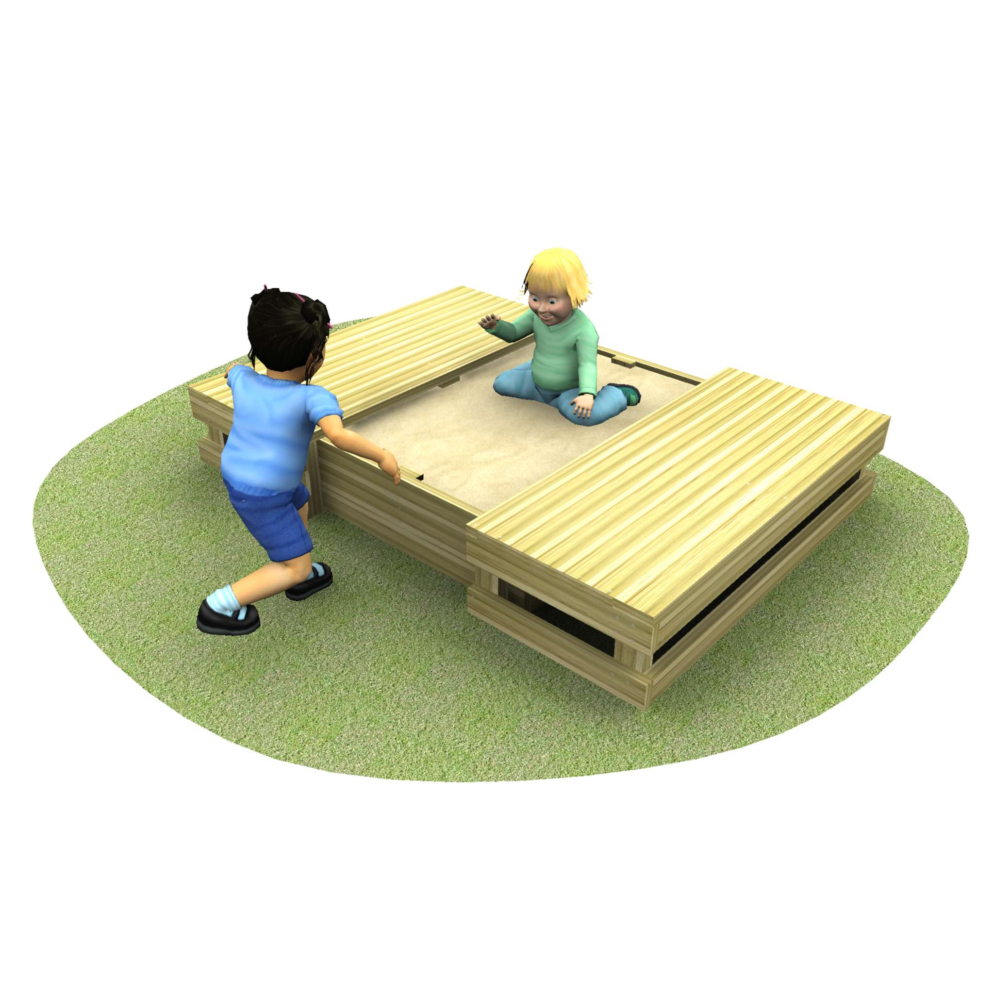 Two children play at a wooden sandpit with removable lids; one child sits inside the sandpit, while the other stands outside and pushes the cover open.