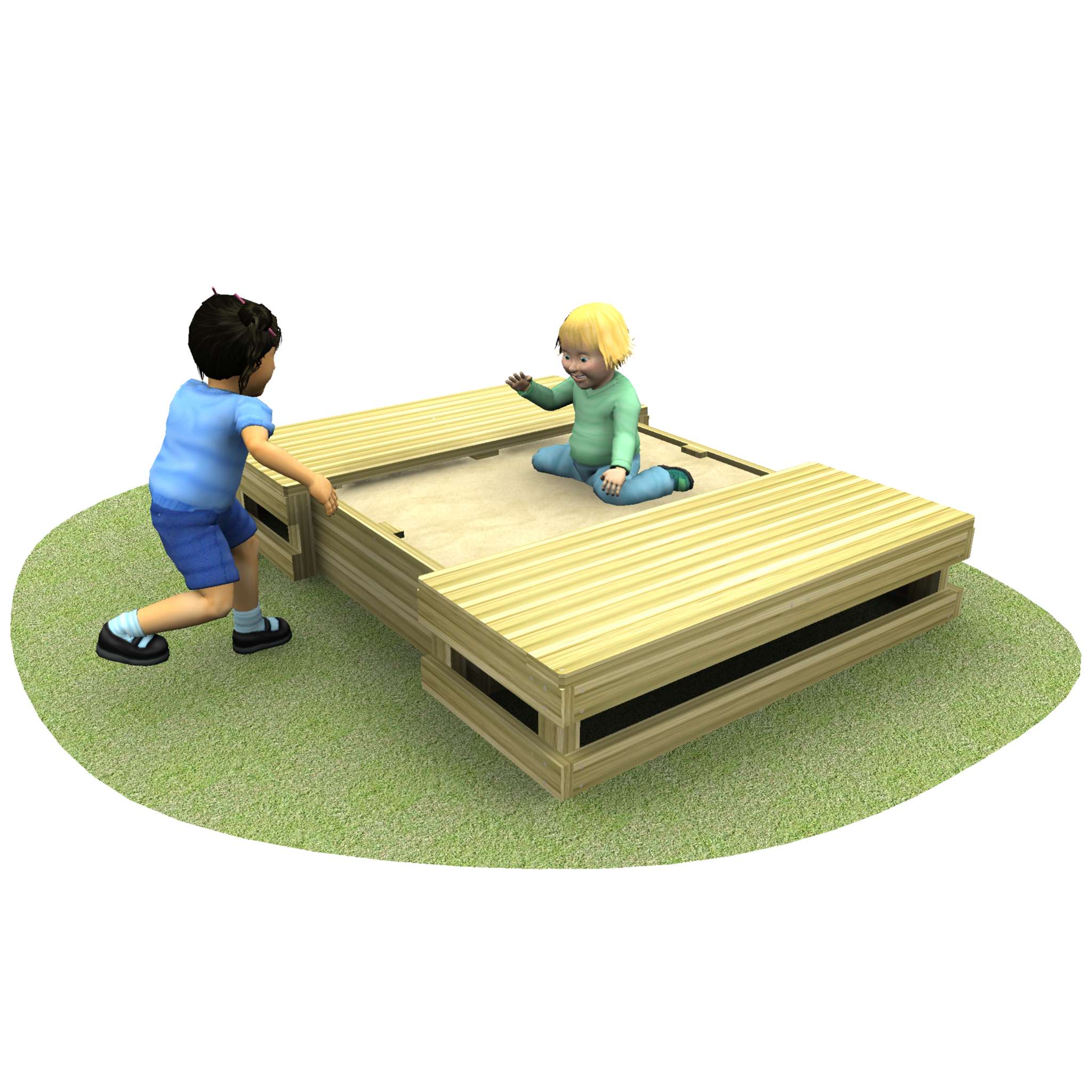 Two children delight in play within a covered sandbox with removable lids on a grassy patch, enjoying endless creativity.