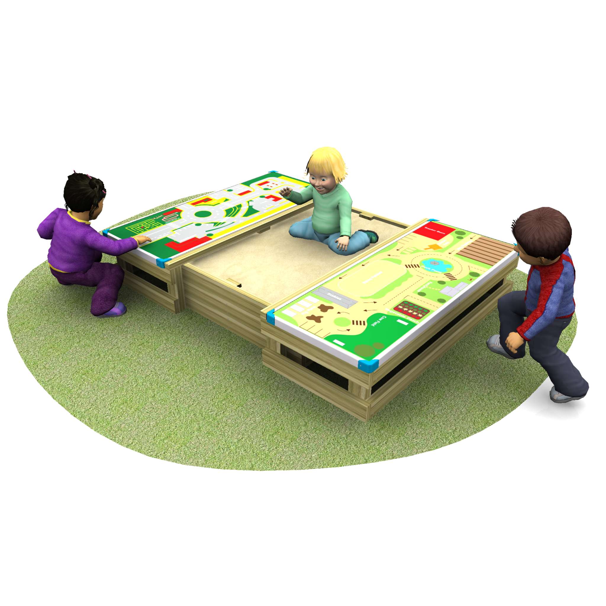 Three children play around a wooden activity table featuring a sandpit with gameboard tops in the centre, sitting on a round patch of green carpet.