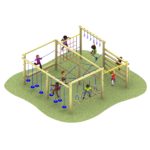 Children play on a Nebula Space Frame, a wooden outdoor climbing structure with ropes, rings, and monkey bars on a grassy surface.