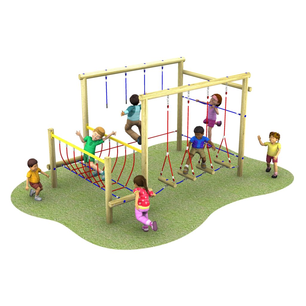 Six children play on a Pioneer Space Frame, a wooden climbing structure with ropes, ladders, and nets on a grassy surface.