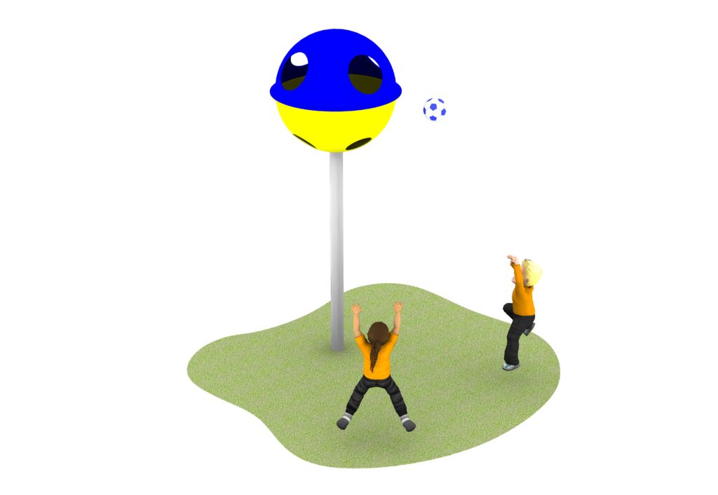 Two people in orange shirts throw a ball towards a yellow and blue elevated target on a grassy patch.
