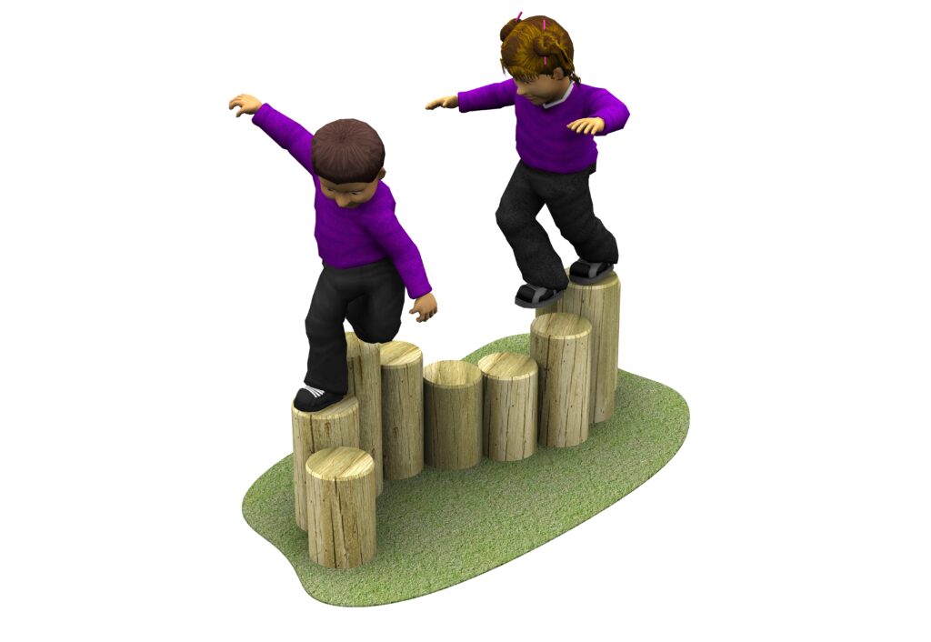 2 children in purple jumpers using nine vertical wooden logs of varying heights arranged in a curved row on an irregular green base.