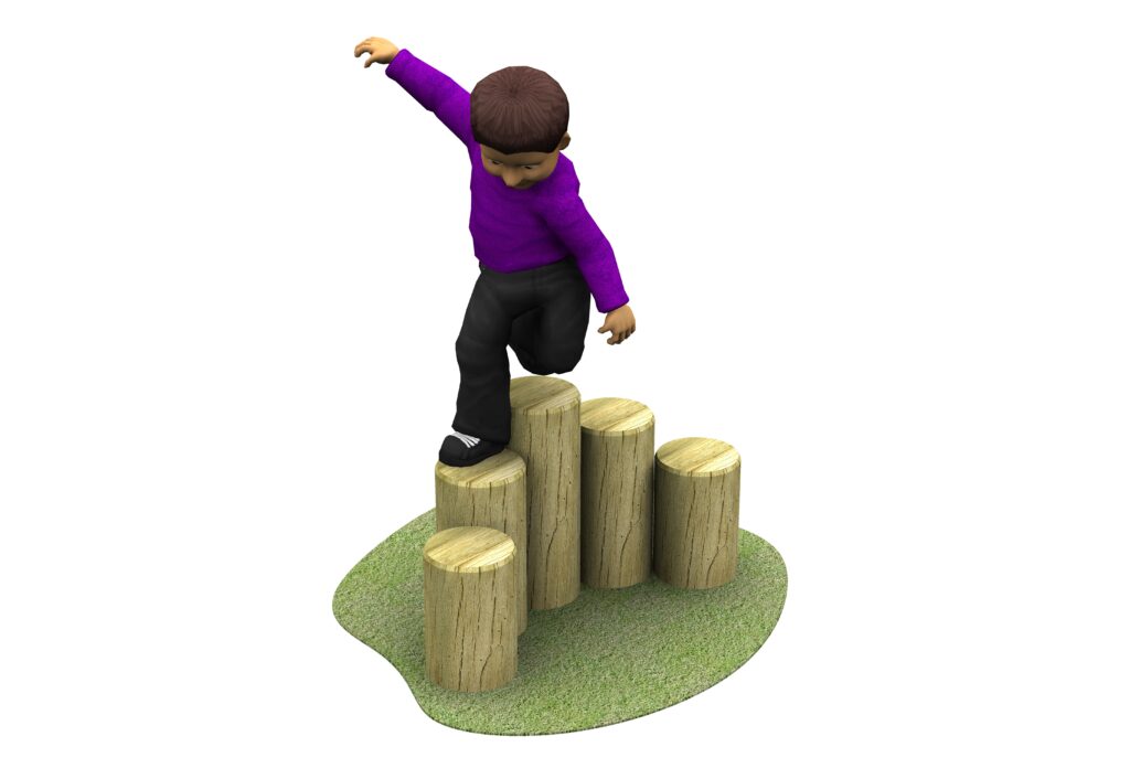 1 child in a purple jumper using five vertical wooden logs of varying heights arranged in a curved row on an irregular green base.