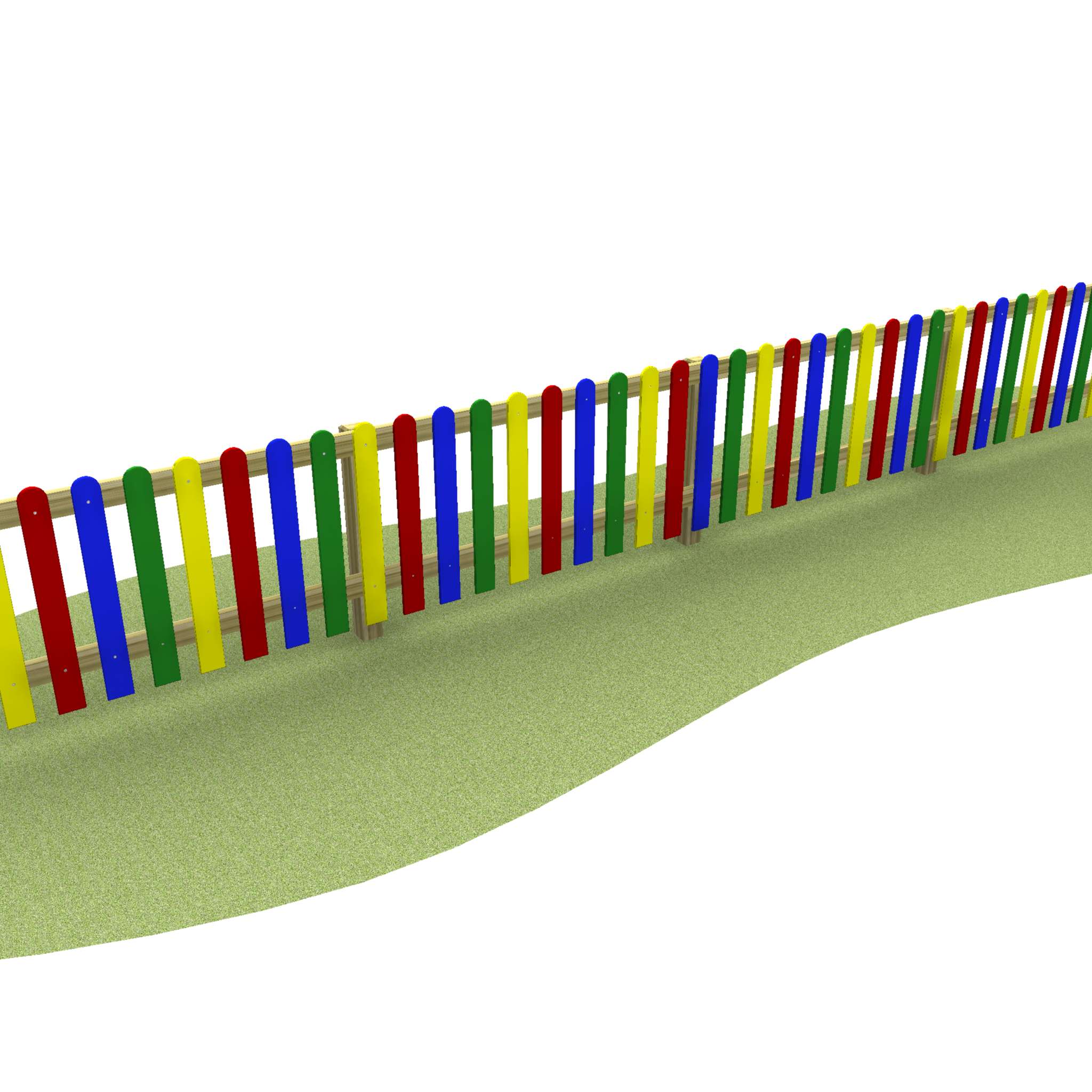 Coloured HDPE pales on a wooden frame to create a fence on grass