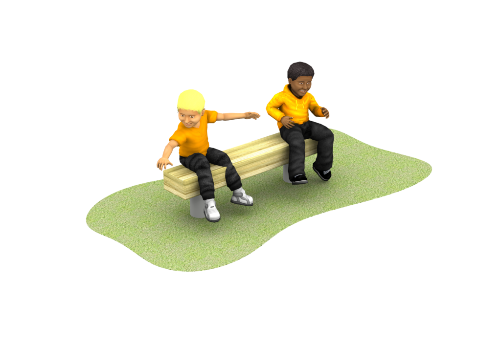 Large wooden rectangular bench with two children sitting on it
