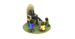 An adult in a suit sits on a wooden Storyteller Chair while three children sit on the grass in front, listening attentively.