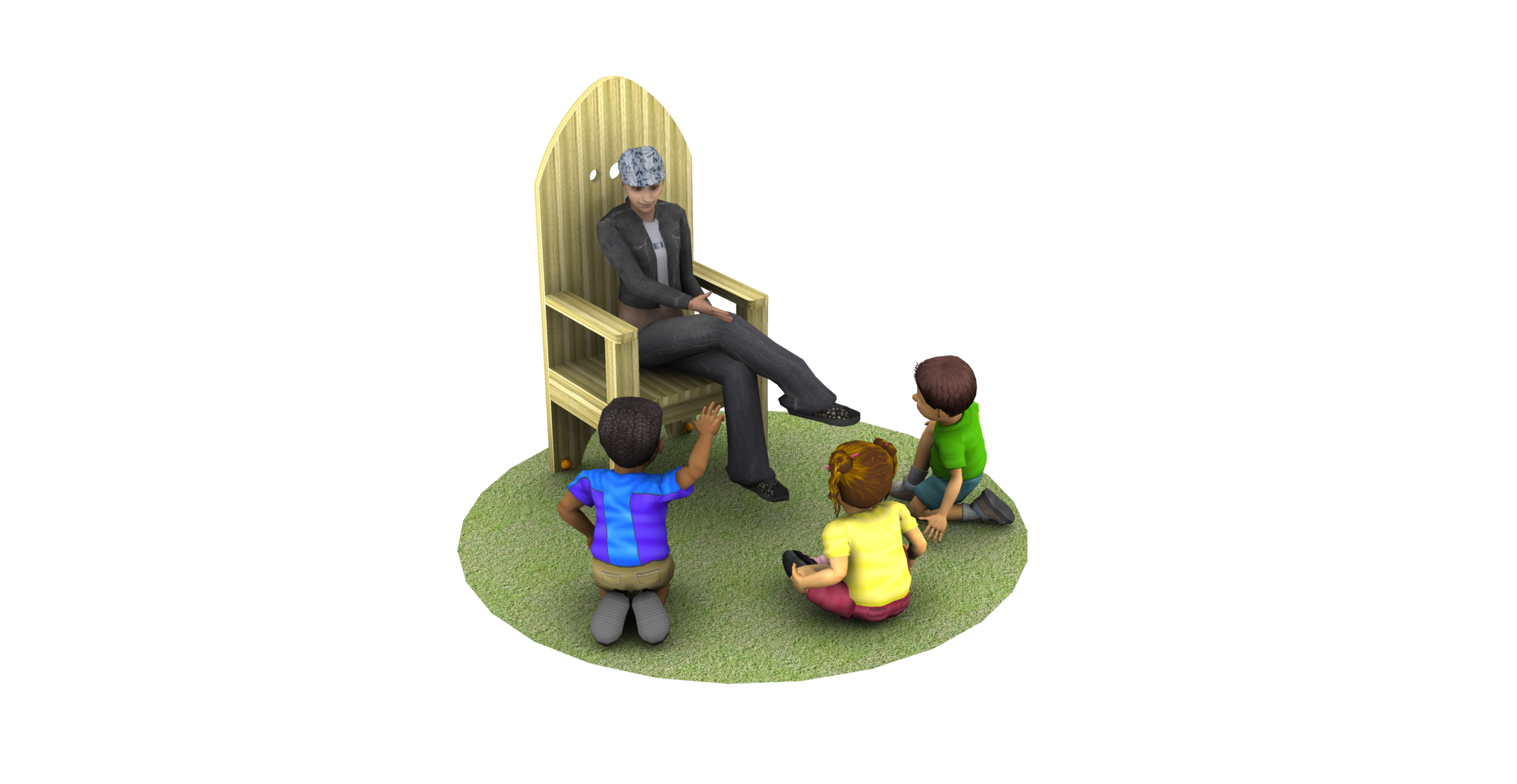An adult in a suit sits on a wooden Storyteller Chair while three children sit on the grass in front, listening attentively.