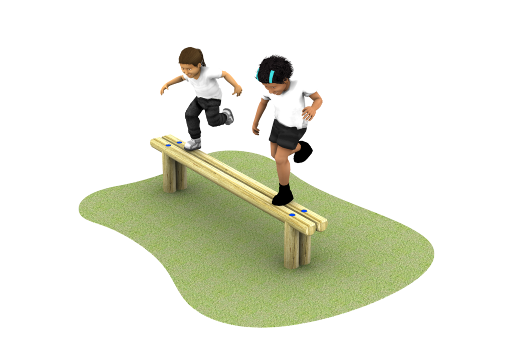 A wooden bench with three horizontal planks on top and four cylindrical legs on grass