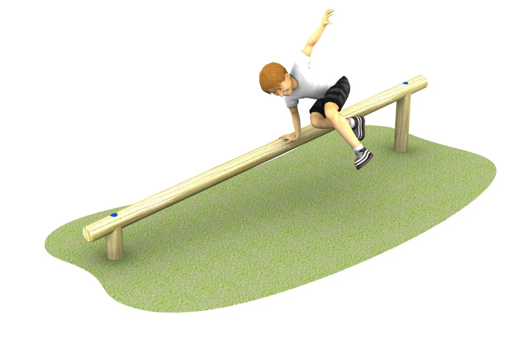 A wooden balance beam with two vertical supports, positioned diagonally on grass