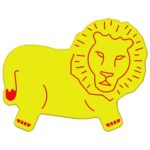 A simple, stylised yellow lion illustration with red outlines and details, including a red-tipped tail and red accents on the paws and mane.