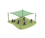 Six children play under a green square sunshade canopy supported by four wooden poles on a grassy area.