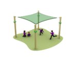 Four children play under a green shade canopy supported by four wooden posts on a patch of grass.