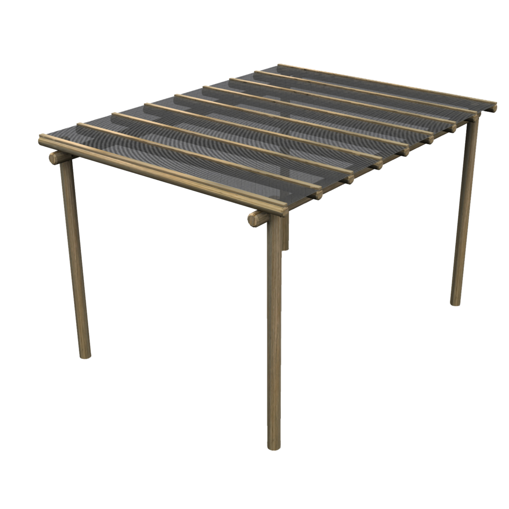 A four-legged outdoor pergola with a slatted wooden frame and horizontal beams, designed to provide partial shade.