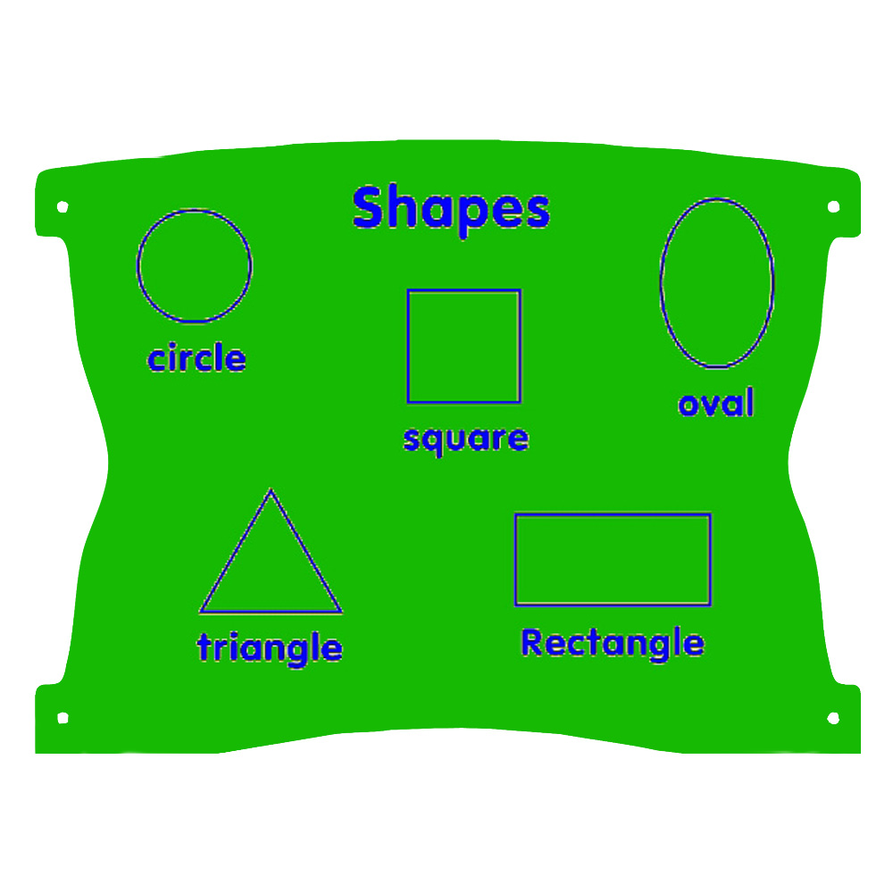 Green board with outlines and labels for five shapes: circle, square, oval, triangle, and rectangle. Shapes is written at the top in large blue text.
