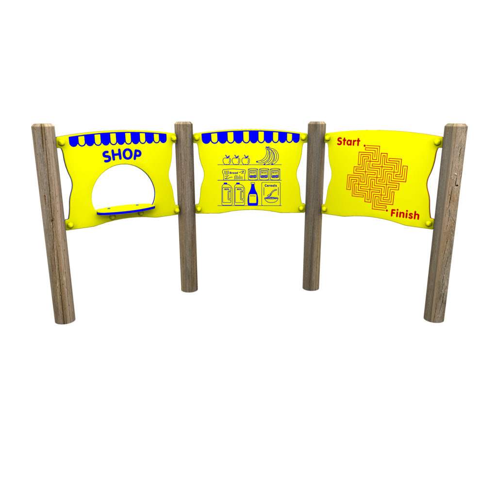 Three yellow playground panels with blue trim; one labelled SHOP, one featuring item icons, and one displaying a maze labelled Start and Finish—perfect for outdoor maths activities using playground equipment.