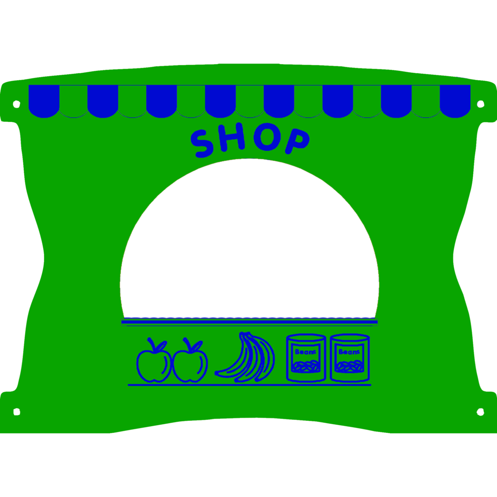 A green and blue illustration of a shop front with a large open window, fruit icons, two jars, and the word SHOP above the opening.