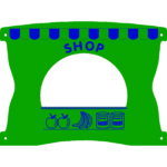 A green and blue illustration of a shop front with a large open window, fruit icons, two jars, and the word SHOP above the opening.