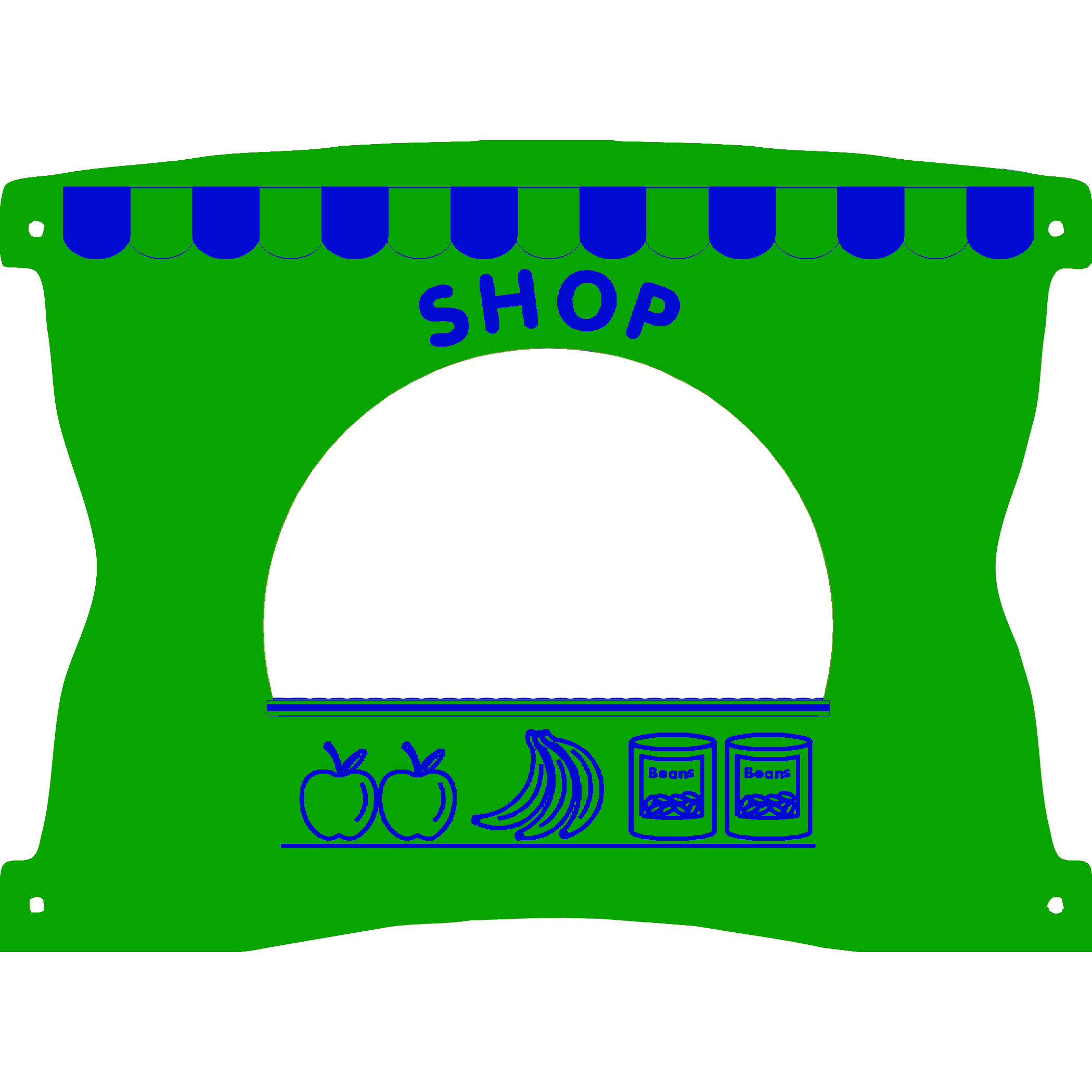 A green and blue illustration of a shop front with a large open window, fruit icons, two jars, and the word SHOP above the opening.