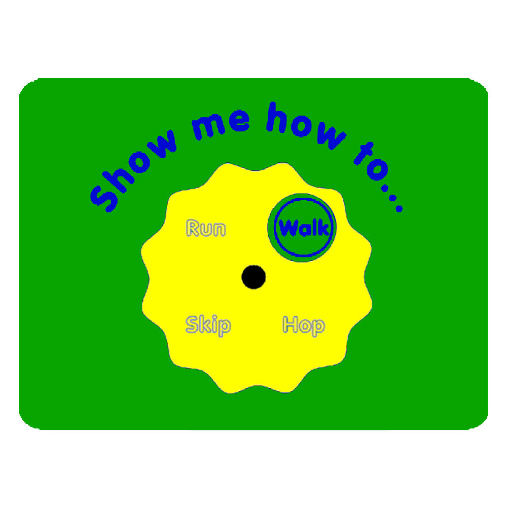 A green card with a yellow spinner labelled Show me how to... and options: Run, Skip, Hop, and Walk. The spinner points to Walk, which is circled.