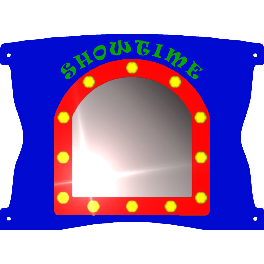 A blue sign with a red-framed arch, yellow lights, and the word SHOWTIME in green letters above a reflective mirror surface.