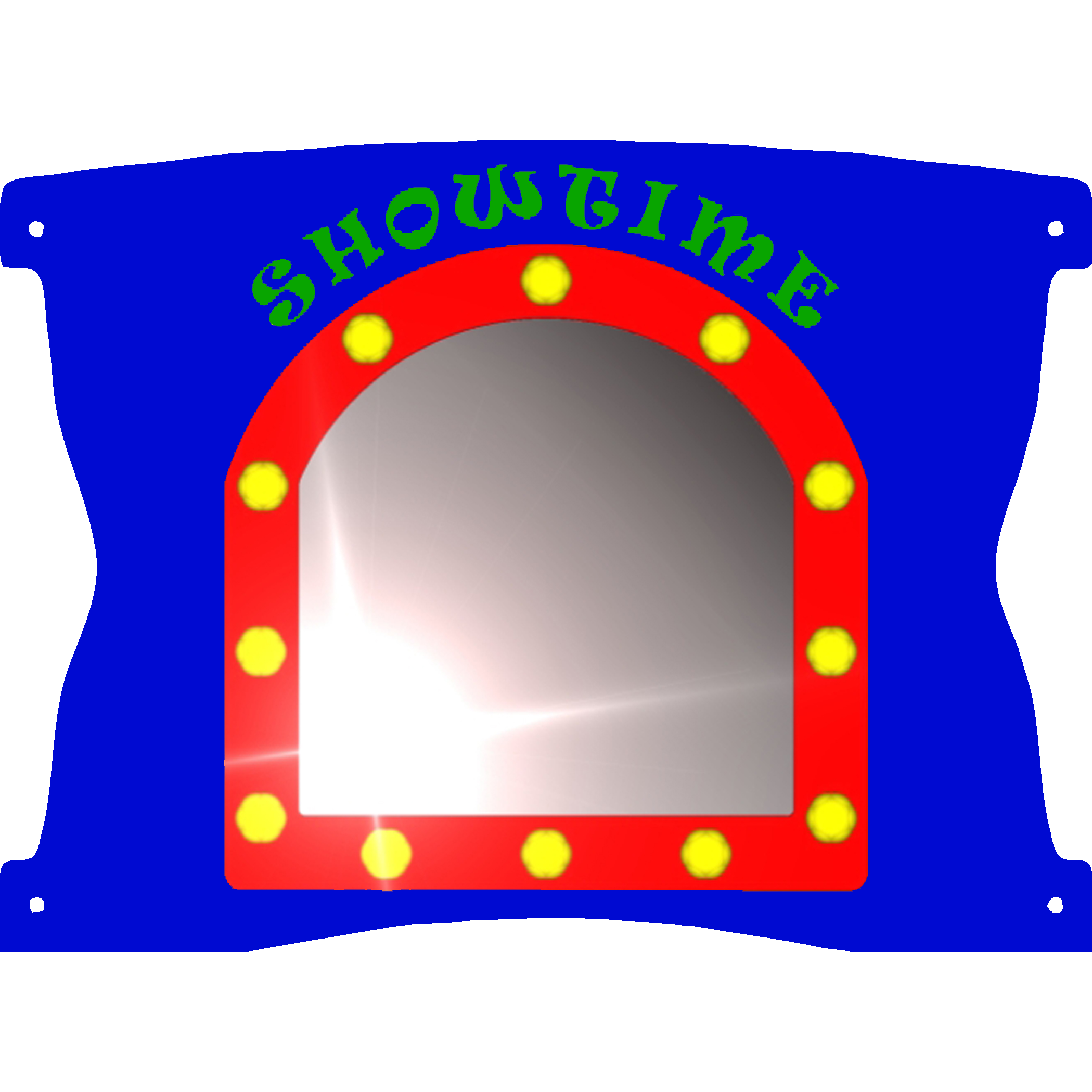 A blue sign with a red-framed arch, yellow lights, and the word SHOWTIME in green letters above a reflective mirror surface.