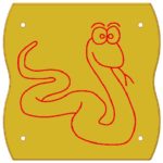 A simple red line drawing of a smiling snake with its tongue out on a yellow, wavy-edged background with four holes near the corners.