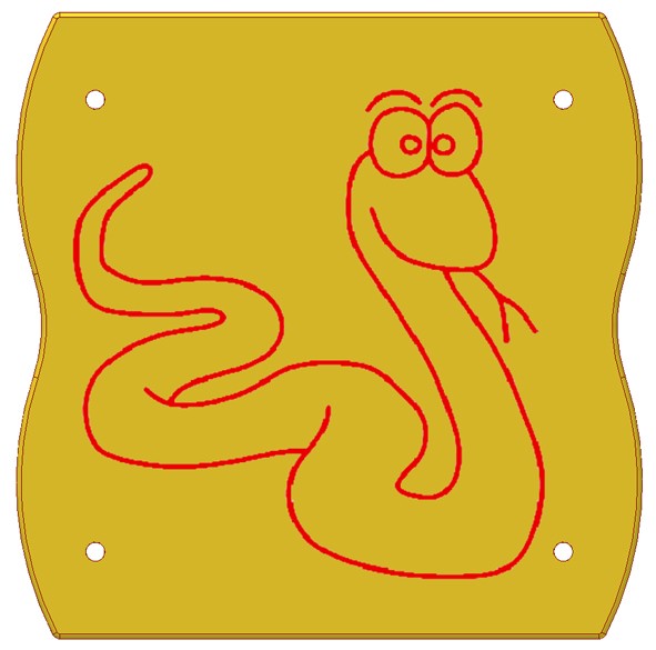 A simple red line drawing of a smiling snake with its tongue out on a yellow, wavy-edged background with four holes near the corners.