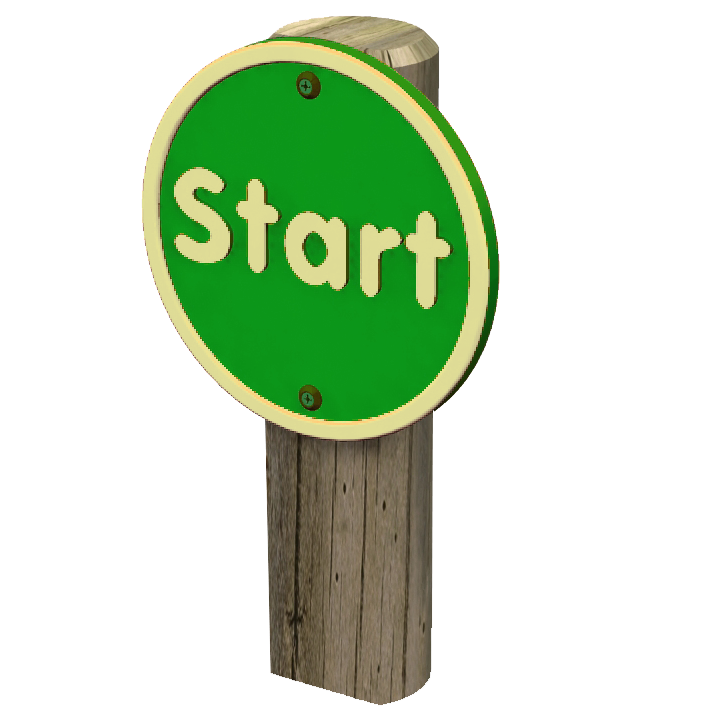 A round green sign with the word Start in yellow mounted on a wooden post.