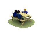 wooden picnic table with 3 children in blue jumpers sitting on the bench grass and children