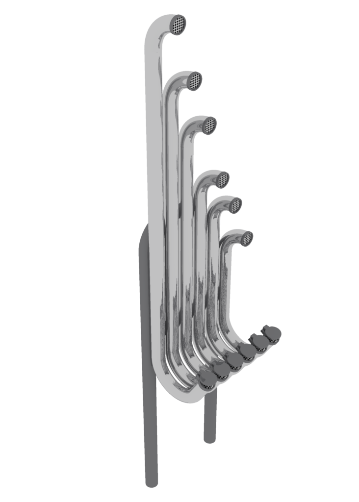 A metallic xylophone-like outdoor musical instrument with eight vertical tubes of varying lengths, each topped with a circular plate, mounted on a metal frame.