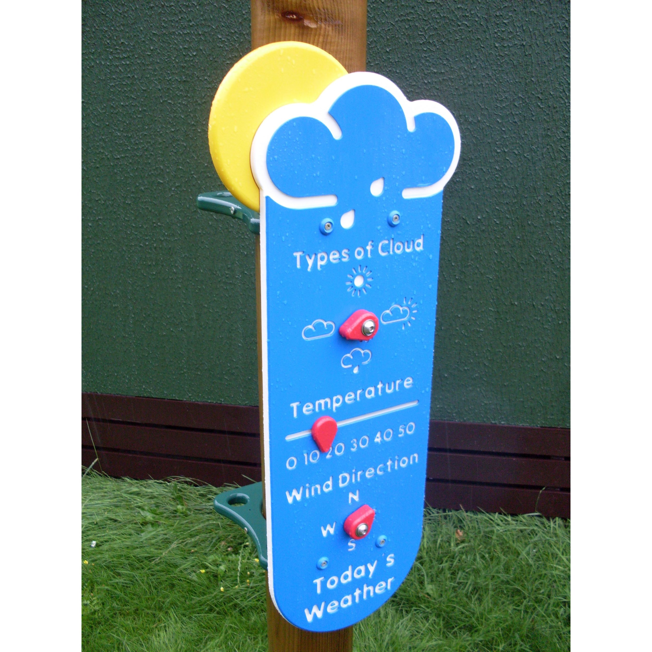 A blue weather board for children displays types of cloud, temperature, wind direction, and today's weather, with moveable dials for each variable.